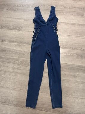C’est Toi Denim Lace-Up V-Neck Jumpsuit Bodysuit